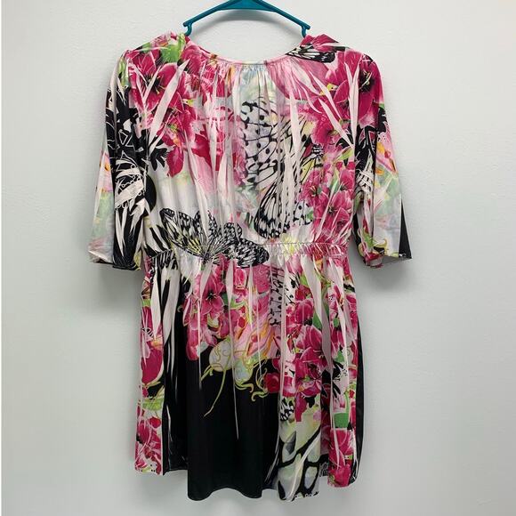 One World Blouse Womens Medium Flowers Butterflies Rhinestones Beads Stretch - Picture 2 of 12